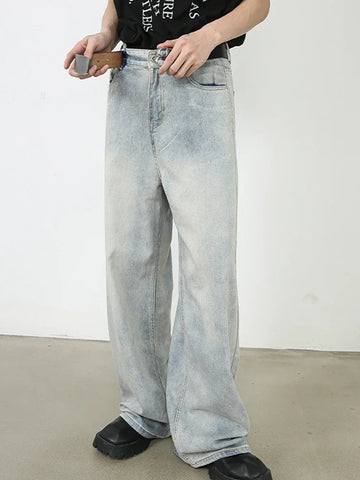 Aidase Korean Style Retro Fashion Distressed Light Blue Jeans Men Zippered Loose Casual Straight Leg Wide Leg Pants aidase-shop